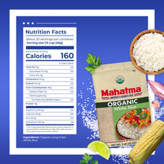 Close-up of Mahatma Organic White Rice grains, uniform texture for fluffy results.
