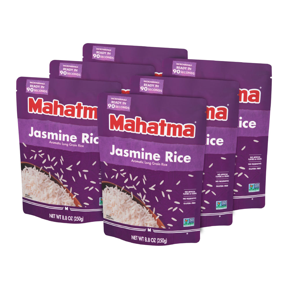 Mahatma Ready-to-Heat Jasmine Rice pouch steaming for quick dinner.
