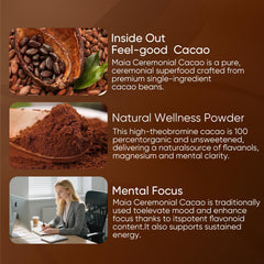 Maia Ceremonial Cacao label showcasing organic, additive-free ingredients