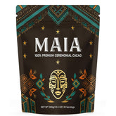 Maia Ceremonial cacao powder packaging showcases organic origins for mindful routines