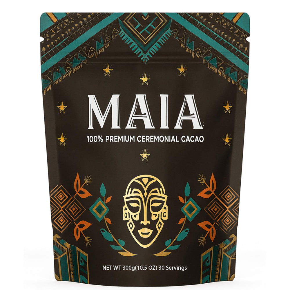 Maia Ceremonial Cacao powder packaging highlighting premium organic cacao for daily rituals