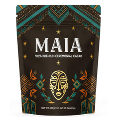 Maia Ceremonial Cacao powder packaging highlighting premium organic cacao for daily rituals