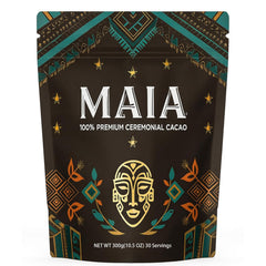 Maia Ceremonial cacao powder packaging showcases organic origins for mindful routines