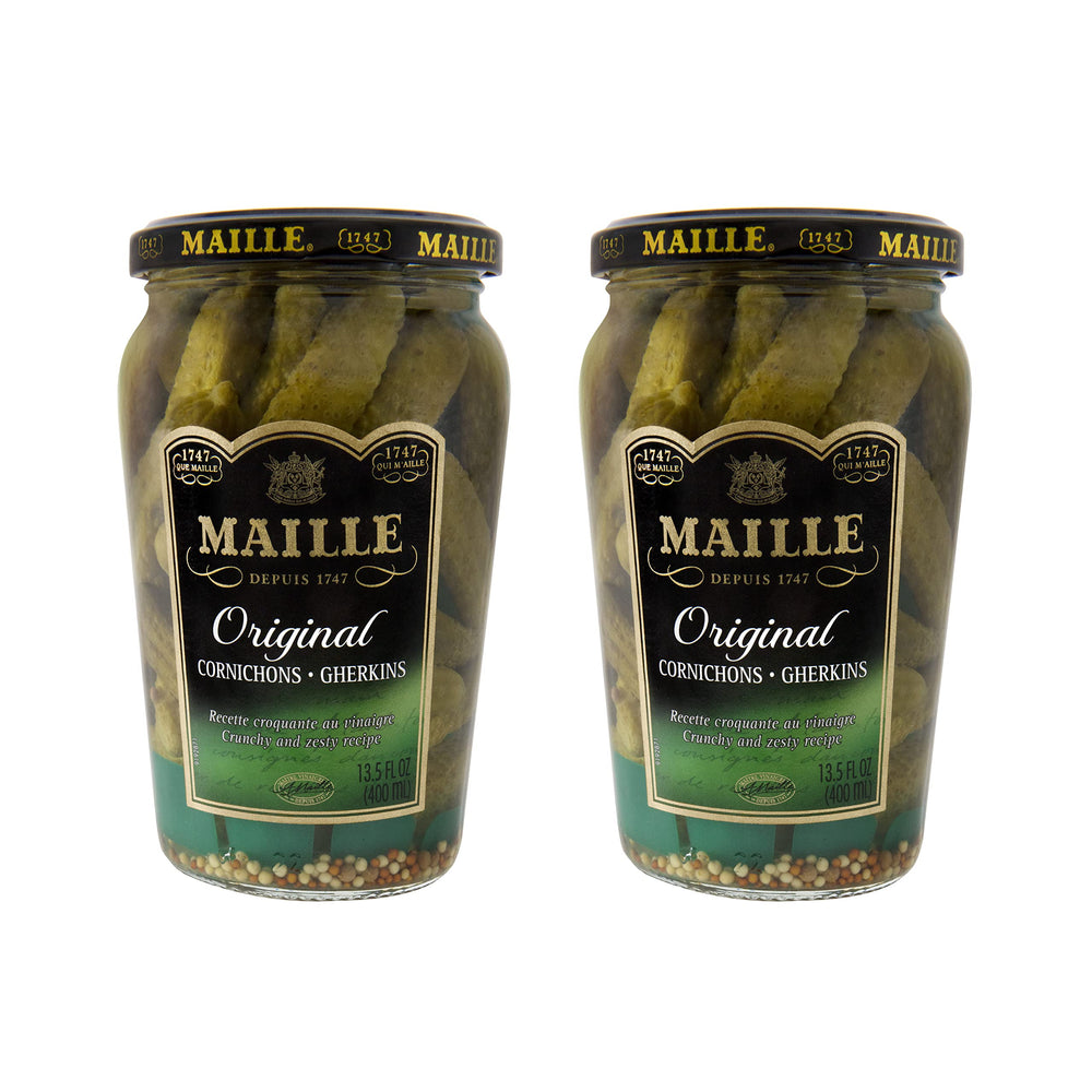 Maille cornichons original bottle closeup showing crisp texture and classic flavor