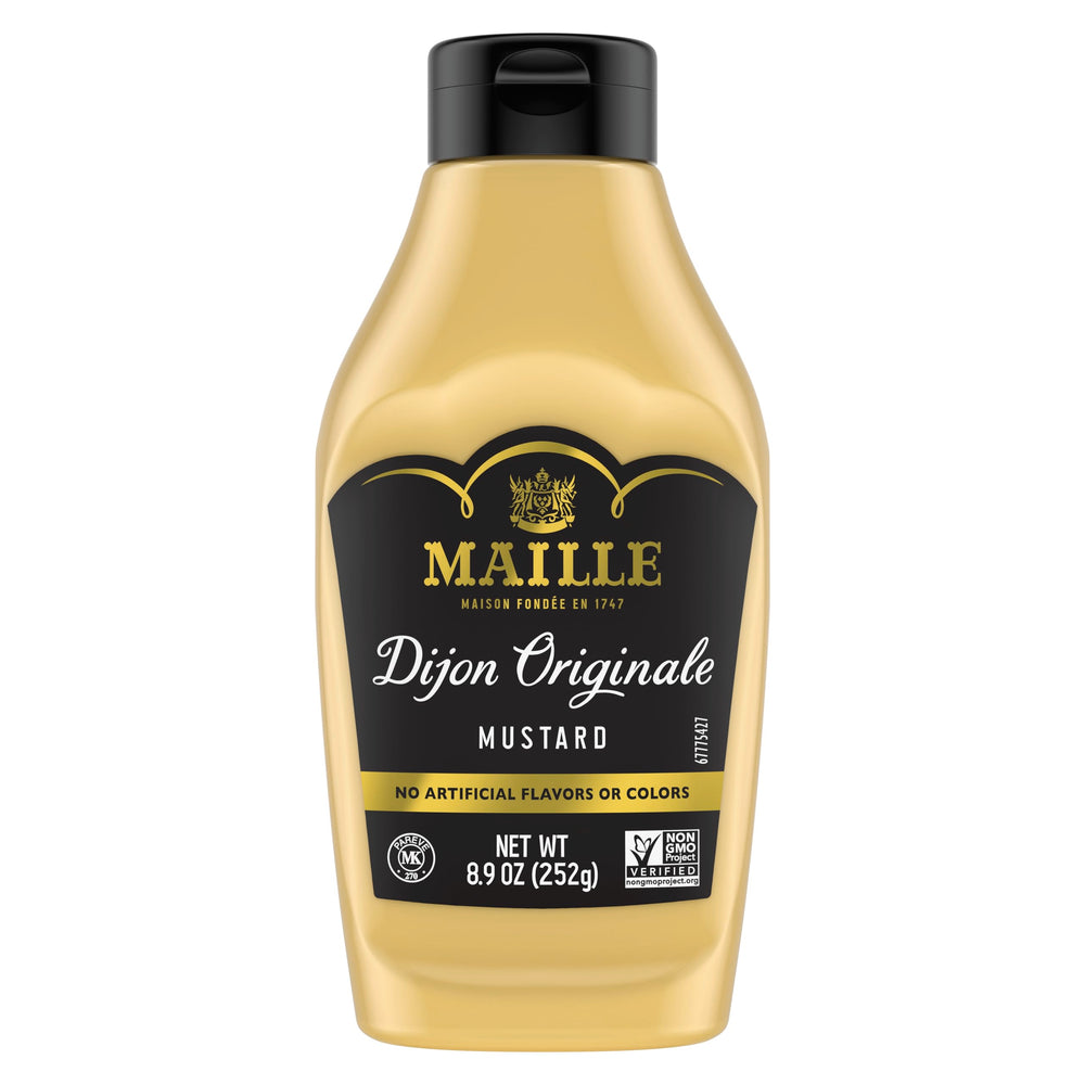 Maille Dijon Originale bottle showing creamy texture ideal for sauces.