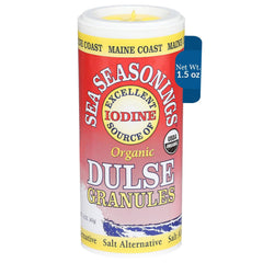 Maine Coast Sea Vegetables dulse granules shaker closeup for easy umami seasoning.