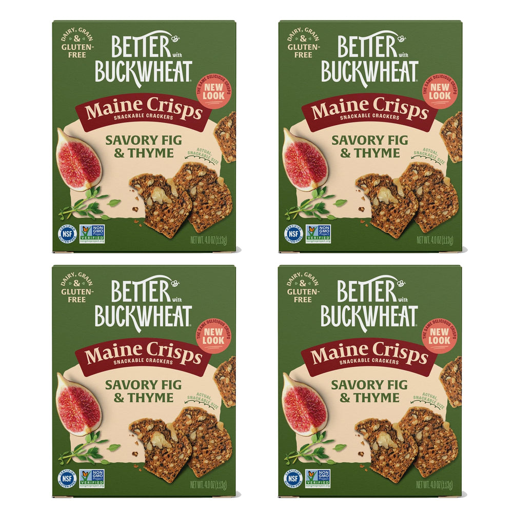 Maine Crisp Savory Fig & Thyme Crisps 4-pack displayed for entertaining