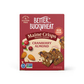 Maine Crisp Cranberry Almond Crisps pack shot showing gluten-free, non-GMO packaging.