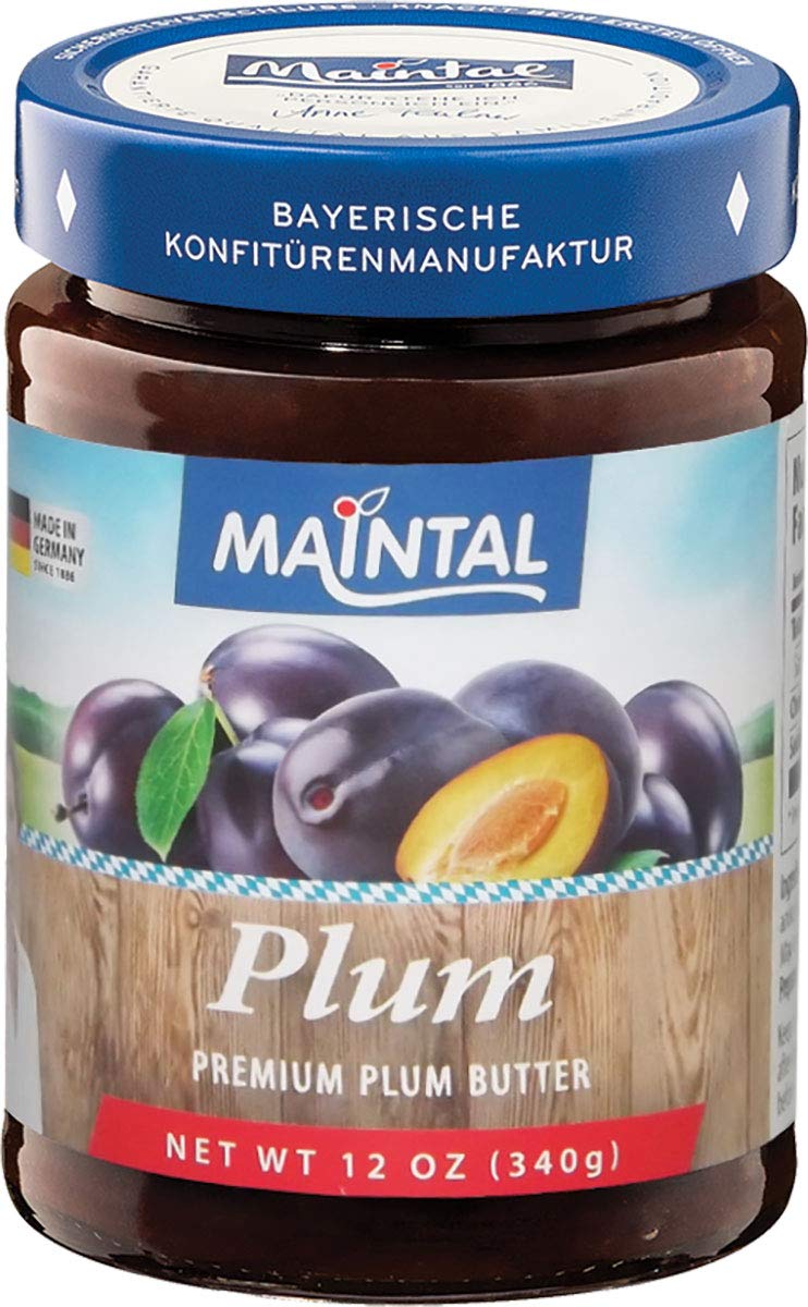 Maintal Premium Plum Butter jar, thick and spiced, ideal for breakfast.