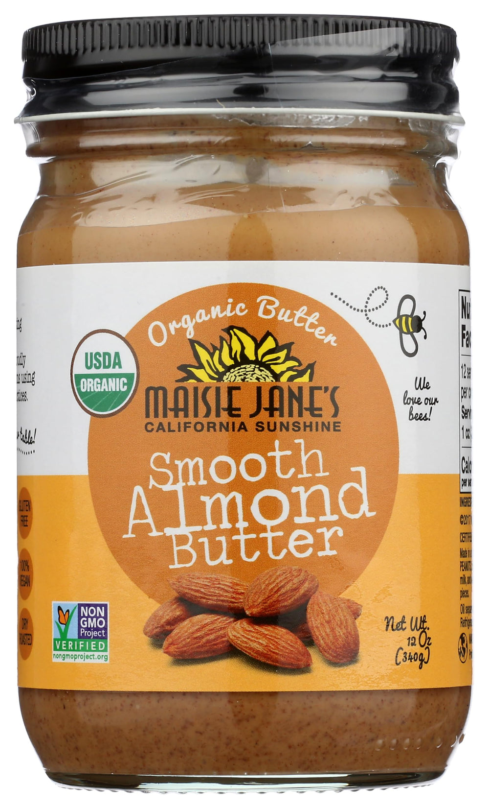 Maisie Jane's Organic Almond Butter Smooth jar with creamy texture and clean label.