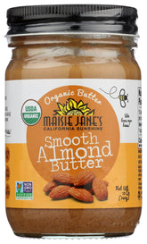 Maisie Jane's Organic Almond Butter Smooth jar with creamy texture and clean label.