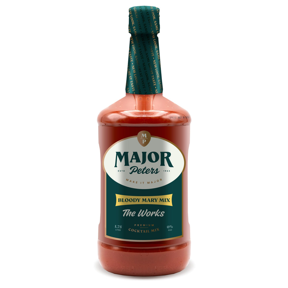 Major Peters' Premium Bloody Mary Mix tomato-forward bottle pour for bold flavor.