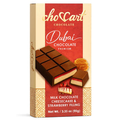 Makro Food ChocCart Dubai bar unwrapped reveals premium chocolate and cheesecake filling.