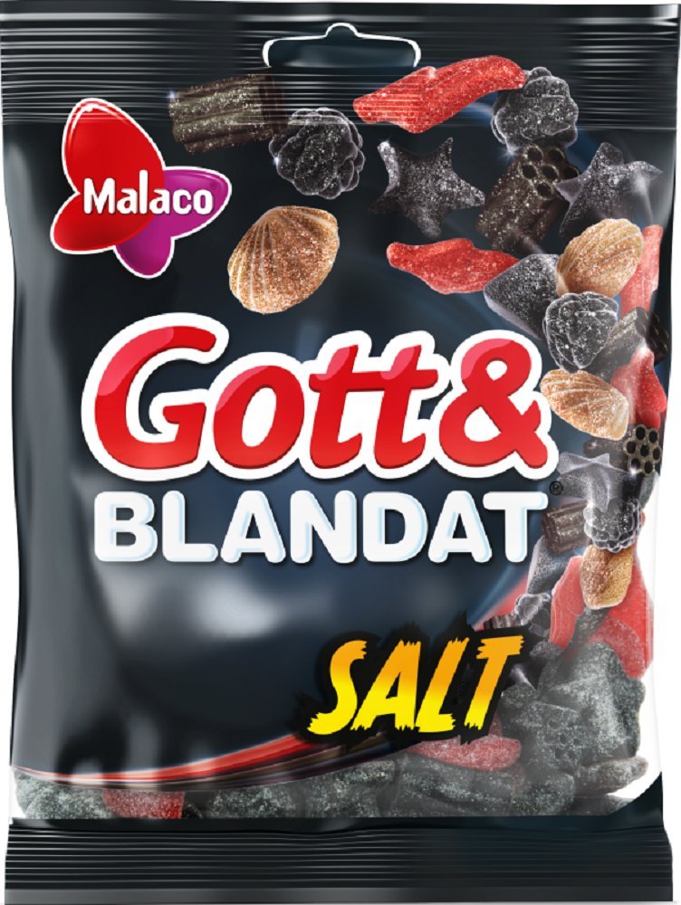 Malaco Gott and Blandat Salt pack shot with salted licorice varieties for sharing.