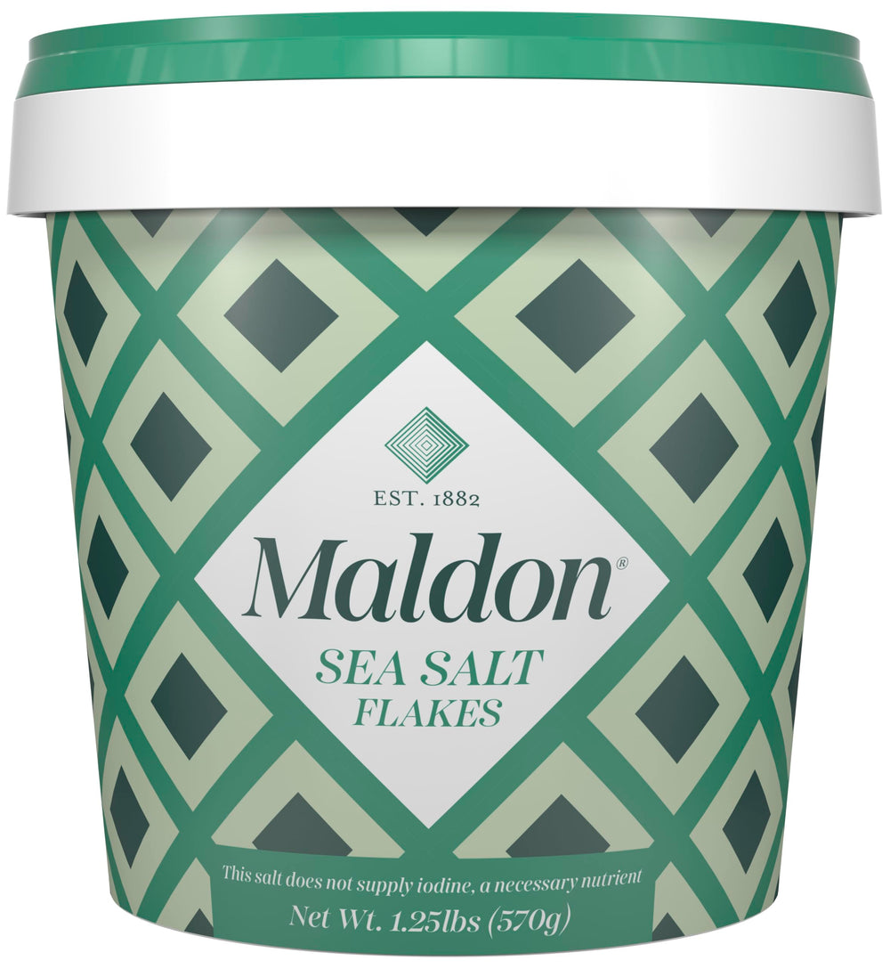 Maldon Sea Salt Flakes tub front for versatile finishing.