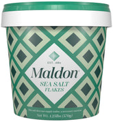 Maldon Sea Salt Flakes tub front for versatile finishing.