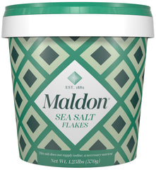 Maldon Sea Salt Flakes tub front for versatile finishing.