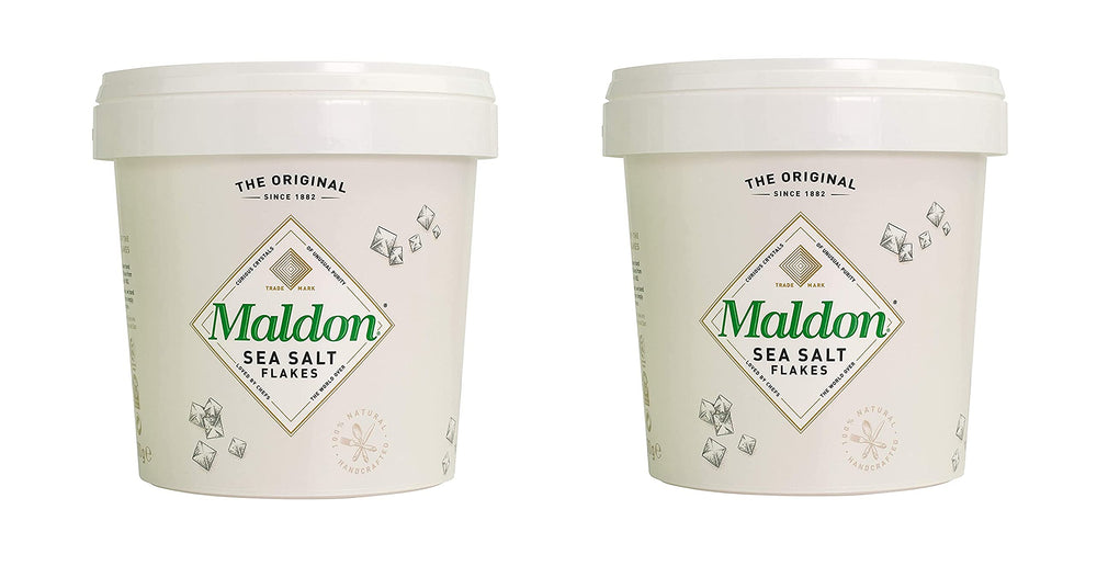 Maldon sea salt flakes pyramid crystals in a glass jar for finishing flavor