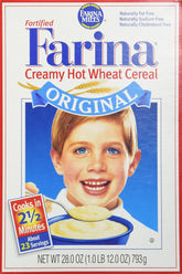 Malt-O-Meal Farina Mills hot cereal pour shows quick-prep convenience for busy mornings.