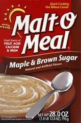 Malt-O-Meal Maple and Brown Sugar hot cereal box, quick breakfast option with iron.