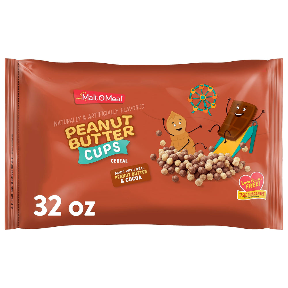 Malt-O-Meal Peanut Butter Cups cereal bag front, ideal for family breakfasts.