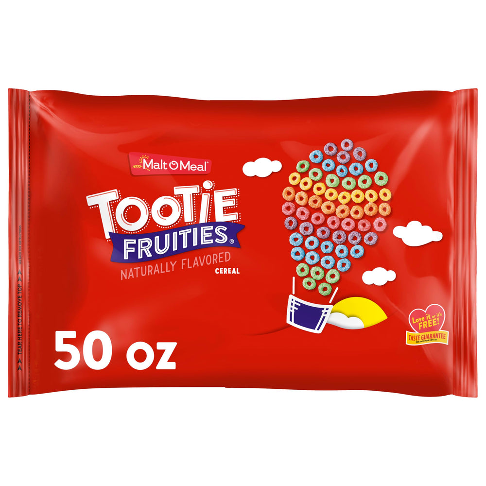 Malt-O-Meal Tootie Fruities cereal bag close-up showing fresh, fruity appeal for family breakfast