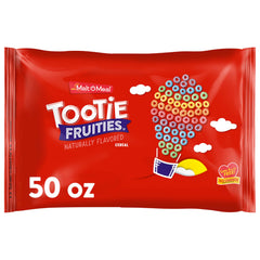 Malt-O-Meal Tootie Fruities cereal bag close-up showing fresh, fruity appeal for family breakfast