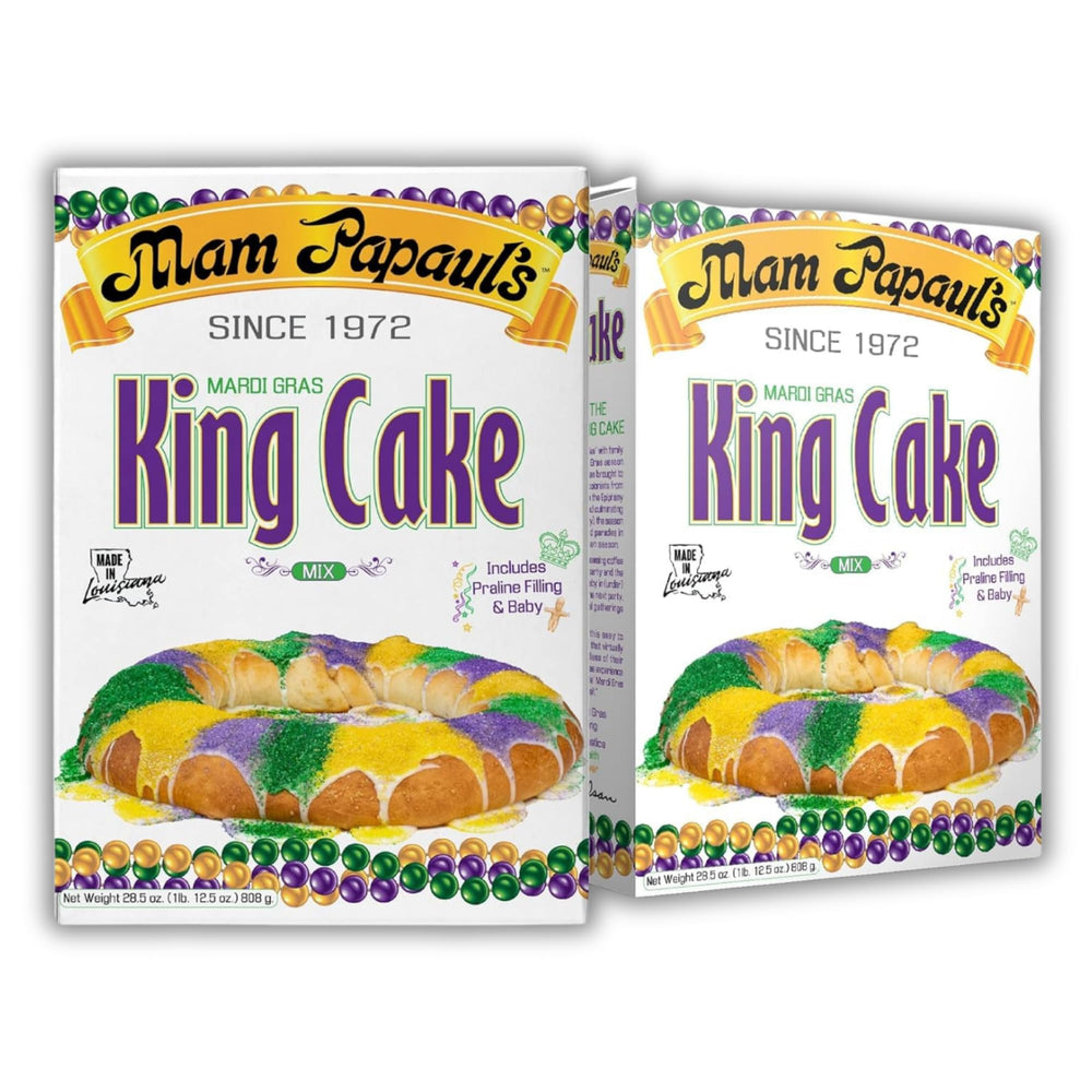Mam Papaul's King Cake Mix packaging shows an all-in-one kit for easy Mardi Gras baking at home.