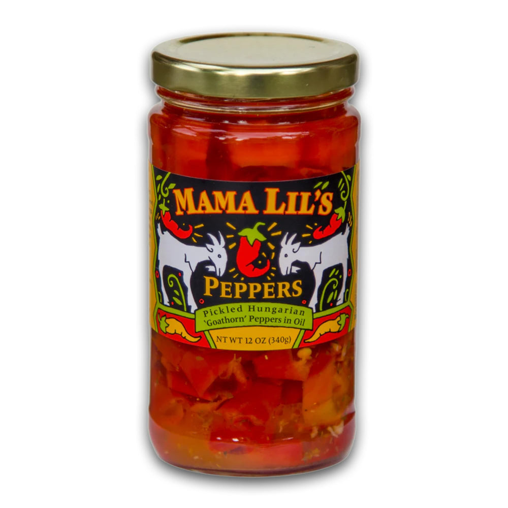 Mama Lil’s mild Hungarian goathorn peppers in oil in a jar, ready for sandwiches.
