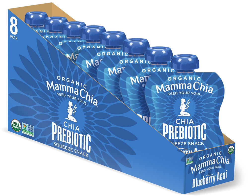 Mamma Chia Blueberry Acai Prebiotic Squeeze pouch set for convenient snacking.