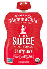 Mamma Chia Cherry Love squeeze bottle, organic and gluten-free emphasis.
