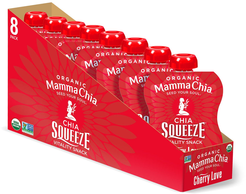 Mamma Chia Cherry Love squeeze pack on the go, a fiber-rich vegan snack.