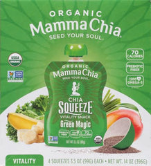 Mamma Chia Green Magic Squeeze four-pack, perfect for family snack rotation.