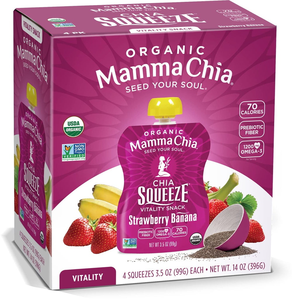 Mamma Chia Vitality Squeeze strawberry banana pouch ready for on-the-go snacking.