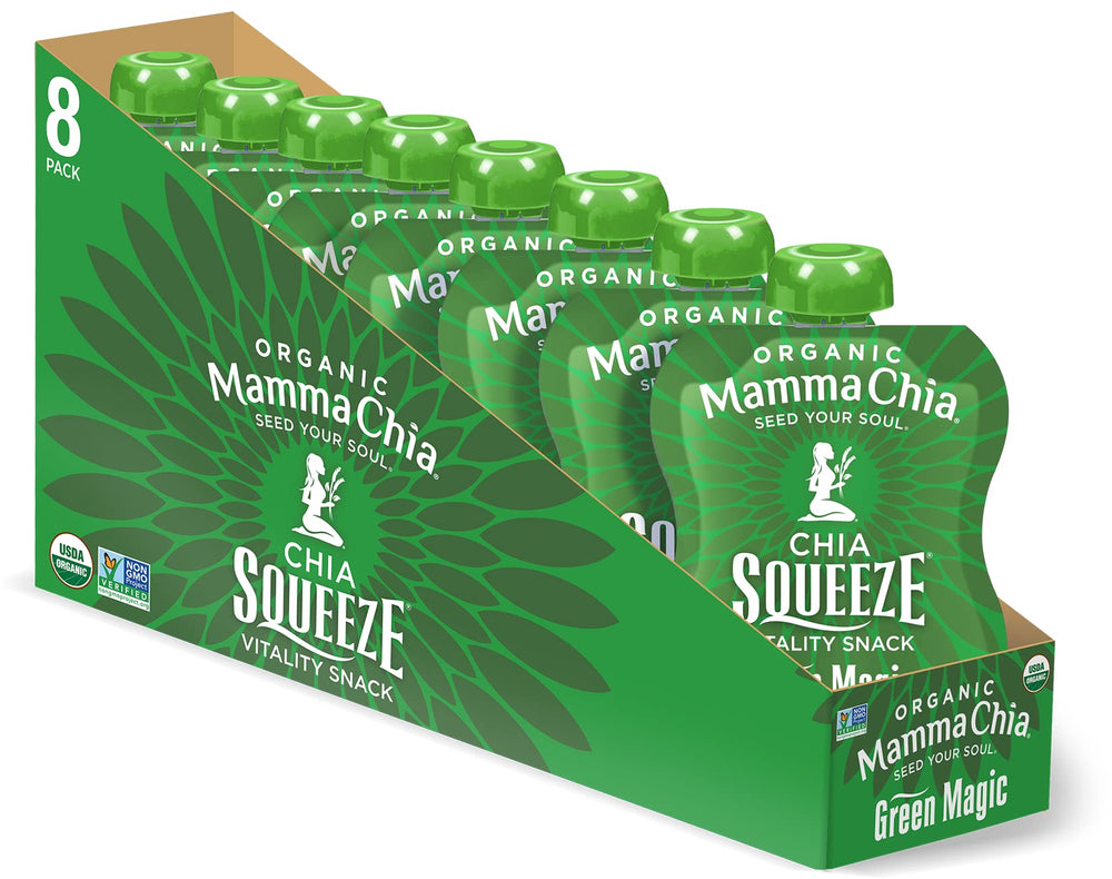Mammachia Chia Squeeze Green Magic pack of 16 pouches for on-the-go vitality.