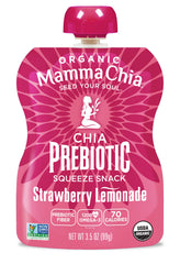 Mamma Chia Strawberry Lemonade prebiotic squeeze snack label closeup shows organic, non-GMO.