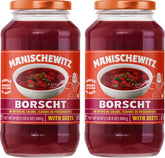 Manischewitz Borscht with beets steaming in a bowl, ready-to-serve for quick meals.