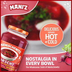 Dollop of sour cream with dill beside Manischewitz Borscht for pairing.