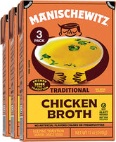 Manischewitz chicken broth three-pack front label emphasizes convenient weekly cooking
