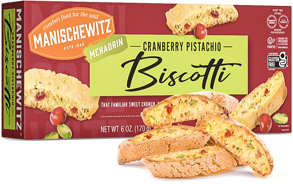 Manischewitz gluten free cranberry pistachio biscotti pack front view, ideal for Passover gatherings.