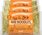 Manischewitz gluten free wide egg noodles pack, convenient 3-pack for quick weeknight meals.