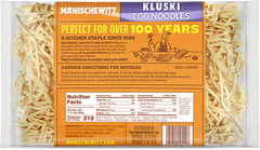 Manischewitz Kluski egg noodles served in a bowl, ideal for soups and casseroles.