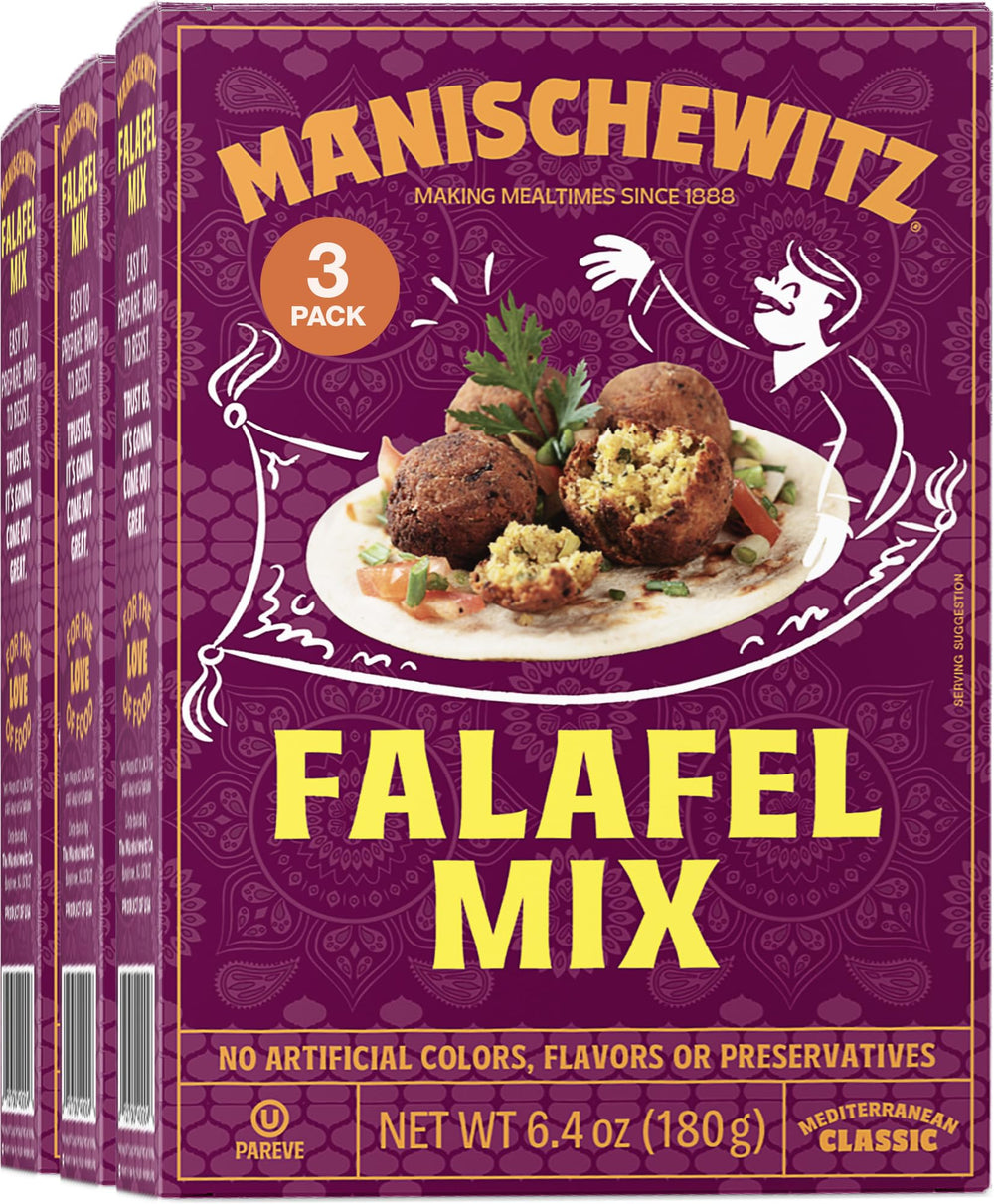 Manischewitz Mediterranean Falafel Ball Mix box front shows authentic flavor option for Mediterranean meals.