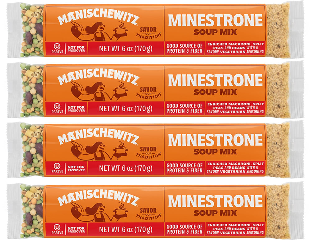 Manischewitz Minestrone soup mix front packaging showcasing kosher, all-natural ingredients.