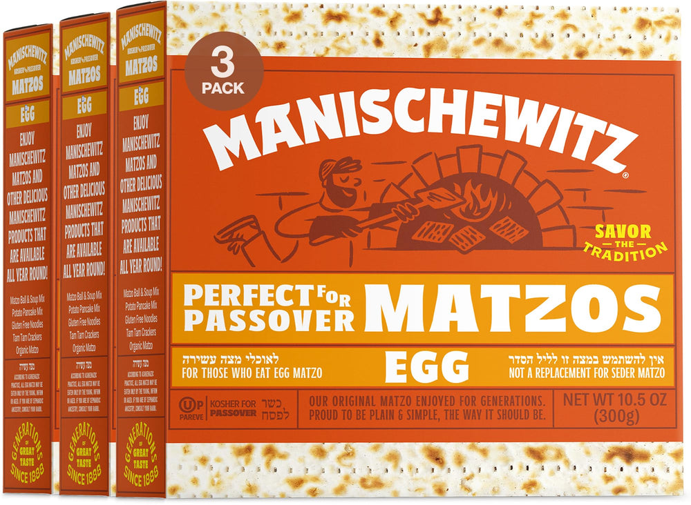 Manischewitz Passover Egg Matzo three-pack boxes show thin, crisp texture for toppings