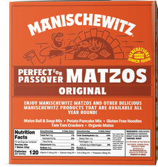 Close-up of Manischewitz Passover matzo packaging highlighting simple two-ingredient formula.