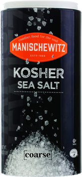 Manischewitz premium kosher salt coarse crystals in a canister for easy seasoning
