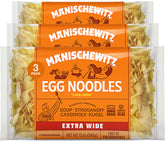 Manischewitz traditional extra wide egg noodles pack front; ideal for quick homestyle meals.