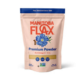 Manitoba Flax Premium Powder bottle; easy to add to smoothies and bake for fiber-rich meals.