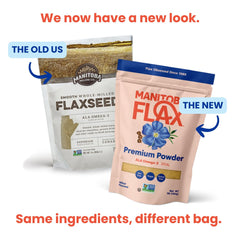 Manitoba Flax Premium Powder bowl smoothie; blends smoothly for heart-healthy nutrition.